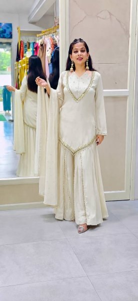 Portable White Roman Glass Fully Stitched Top Plazzo Dupatta Set at Wholesale Rate Ready To Wear Collection