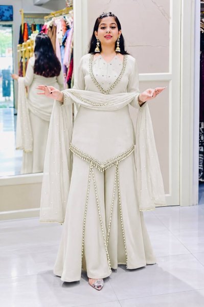 Portable White Roman Glass Fully Stitched Top Plazzo Dupatta Set at Wholesale Rate Ready To Wear Collection