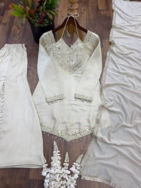 Portable White Roman Glass Fully Stitched Top Plazzo Dupatta Set at Wholesale Rate Ready To Wear Collection