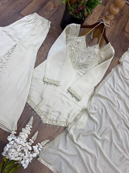 Portable White Roman Glass Fully Stitched Top Plazzo Dupatta Set at Wholesale Rate Ready To Wear Collection