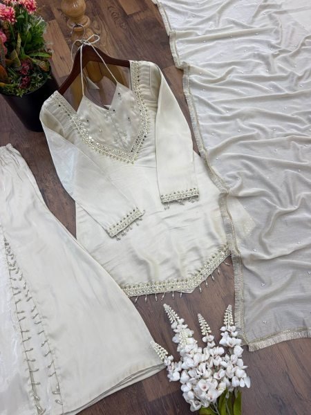 Portable White Roman Glass Fully Stitched Top Plazzo Dupatta Set at Wholesale Rate Ready To Wear Collection
