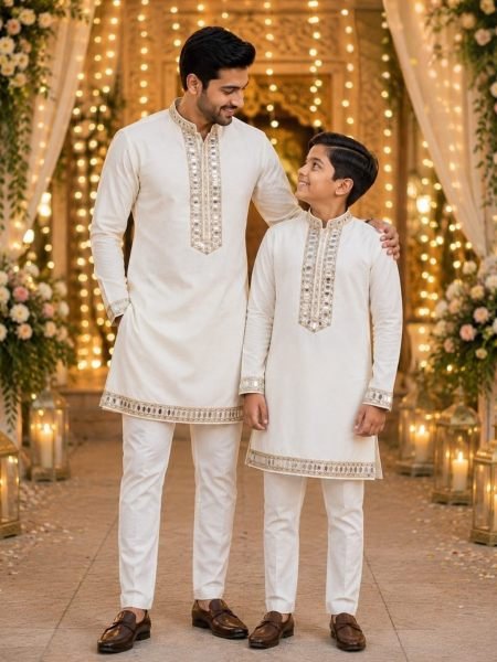 Portable White Short Cotton Kurta with Mirror Work for Father Son Mens Wear