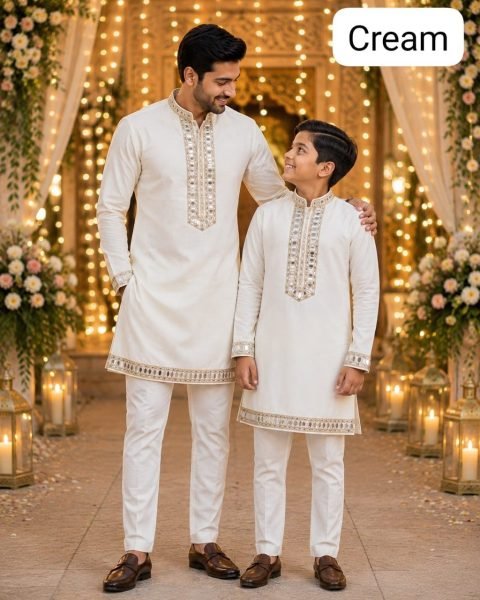 Portable White Short Cotton Kurta with Mirror Work for Father Son Father Son Collection 