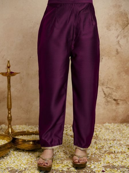 Portable Wine Chanderi Kurti Pant Set with Organza Dupatta for Casual Wear at Bulk Rate  Straight Cut Long Kurtis