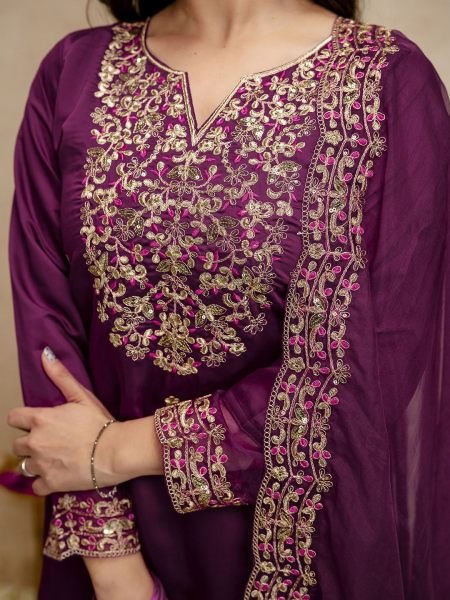 Portable Wine Chanderi Kurti Pant Set with Organza Dupatta for Casual Wear at Bulk Rate  Straight Cut Long Kurtis