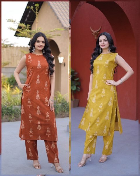 Portable Yellow New Arrival Printed Cotton Kurti Set for Women Kurti With Bottom Wholesale