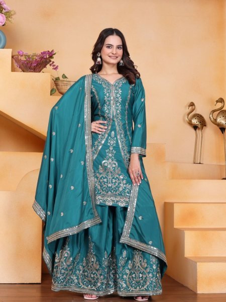 Posh Natural Crepe Sequence Embroidered Sharara Suit with Dupatta for Party Wear 