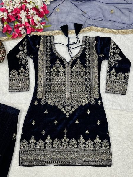 Posh Velvet Embroidered Fully Stitched Sharara Palazzo Suit with Net Dupatta for Winter  Wedding Wear Ready To Wear Collection