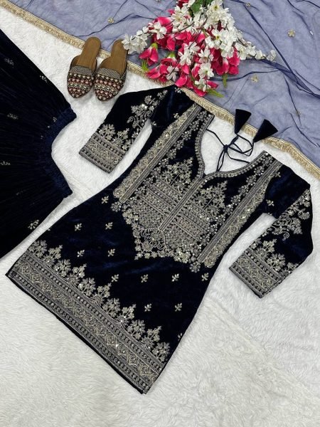 Posh Velvet Embroidered Fully Stitched Sharara Palazzo Suit with Net Dupatta for Winter  Wedding Wear Ready To Wear Collection