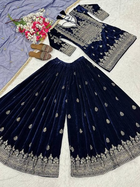 Posh Velvet Embroidered Fully Stitched Sharara Palazzo Suit with Net Dupatta for Winter  Wedding Wear Ready To Wear Collection