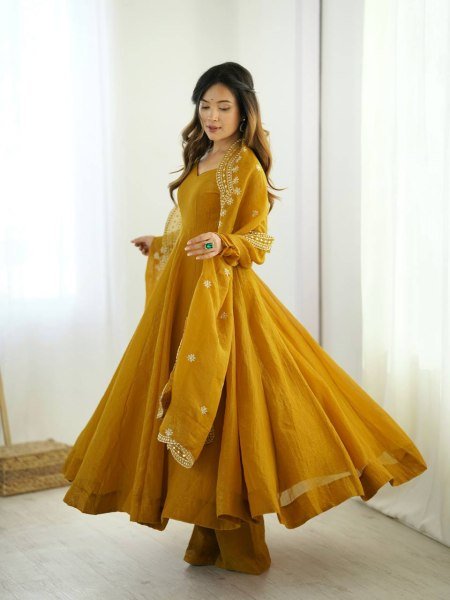 Posh Yellow Fandy Silk Full Sleeve Gown with Embroidered Dupatta for Party Wear Anarkali Kurtis 