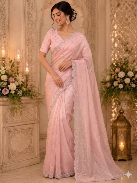 Practical Baby Pink Jalpari Fashion Satin Saree New Design Collection Sarees 