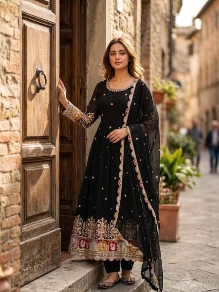 Practical Black Blooming Georgette Gown Pant Dupatta Set with Sequin Embroidery For Festival 