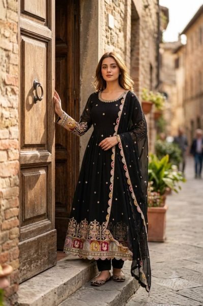 Practical Black Blooming Georgette Gown Pant Dupatta Set with Sequin Embroidery For Festival Ready To Wear Collection