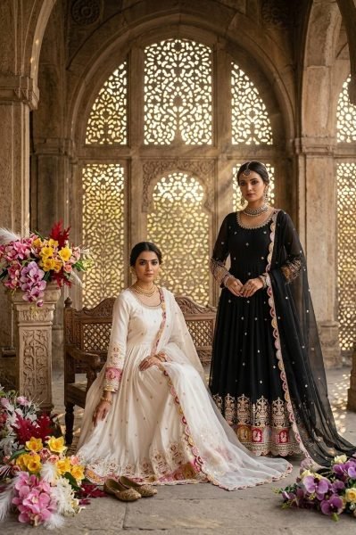 Practical Black Blooming Georgette Gown Pant Dupatta Set with Sequin Embroidery For Festival Ready To Wear Collection