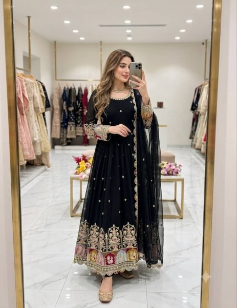Practical Black Blooming Georgette Gown Pant Dupatta Set with Sequin Embroidery For Festival Ready To Wear Collection