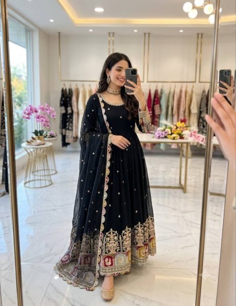 Practical Black Blooming Georgette Gown Pant Dupatta Set with Sequin Embroidery For Festival Ready To Wear Collection