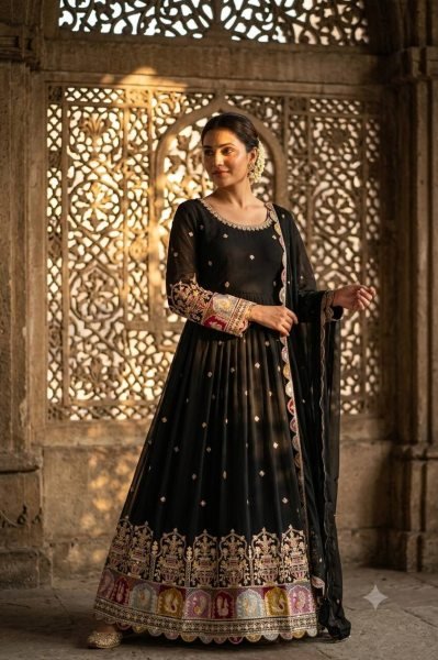 Practical Black Blooming Georgette Gown Pant Dupatta Set with Sequin Embroidery For Festival Ready To Wear Collection