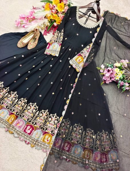 Practical Black Blooming Georgette Gown Pant Dupatta Set with Sequin Embroidery For Festival Ready To Wear Collection