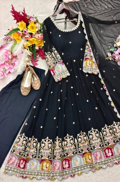 Practical Black Blooming Georgette Gown Pant Dupatta Set with Sequin Embroidery For Festival Ready To Wear Collection