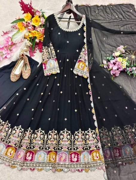 Practical Black Blooming Georgette Gown Pant Dupatta Set with Sequin Embroidery For Festival Ready To Wear Collection