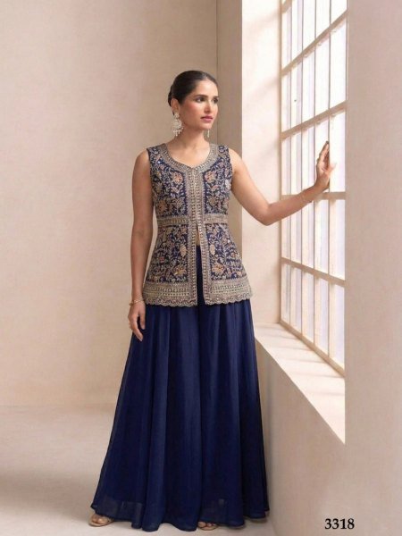 Practical Blue Star Georgette Palazzo Suit with Lakhnavi Embroidery for Party Wear 
