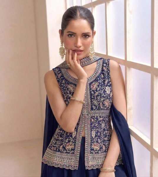 Practical Blue Star Georgette Palazzo Suit with Lakhnavi Embroidery for Party Wear Designer Plazzo Salwar Suits Wholesale