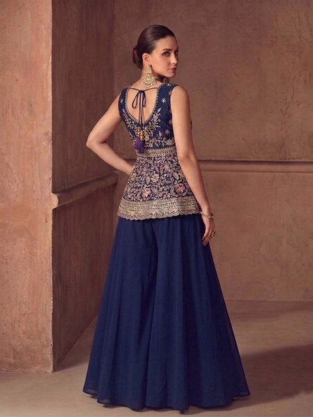 Practical Blue Star Georgette Palazzo Suit with Lakhnavi Embroidery for Party Wear Designer Plazzo Salwar Suits Wholesale