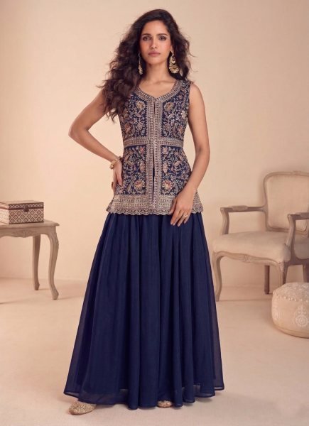 Practical Blue Star Georgette Palazzo Suit with Lakhnavi Embroidery for Party Wear Designer Plazzo Salwar Suits Wholesale