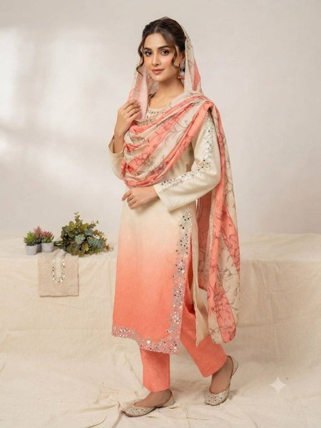 Practical Blush Pink Kurta Set With Mirror Work And Mul Cotton Dupatta For Women 