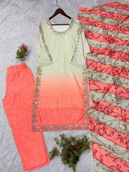 Practical Blush Pink Kurta Set With Mirror Work And Mul Cotton Dupatta For Women Ready To Wear Collection