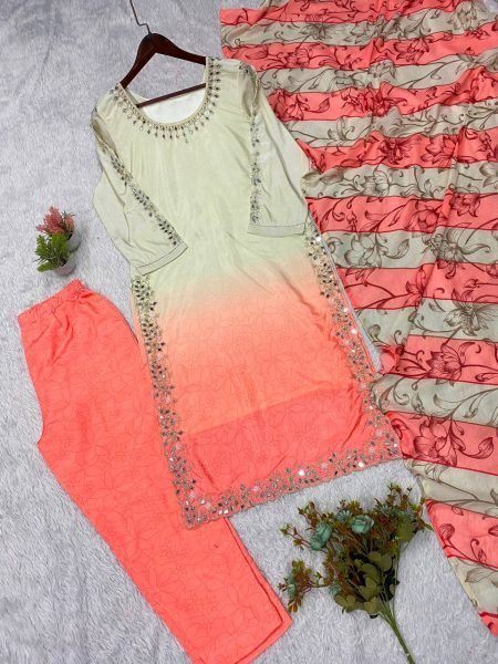 Practical Blush Pink Kurta Set With Mirror Work And Mul Cotton Dupatta For Women Ready To Wear Collection