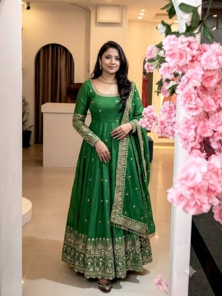 Practical Green Crunchy Silk Embroidered Gown Pant Set with Dupatta for Wedding 