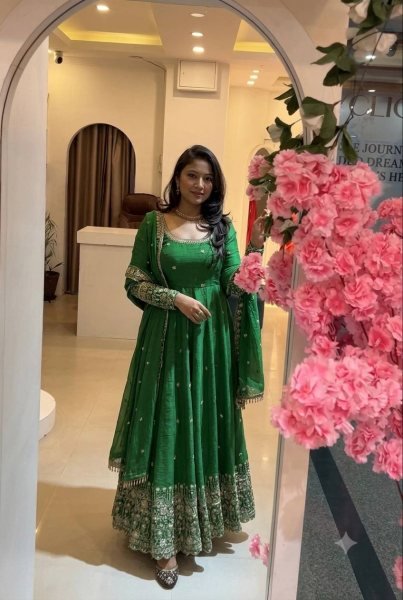 Practical Green Crunchy Silk Embroidered Gown Pant Set with Dupatta for Wedding Ready To Wear Collection