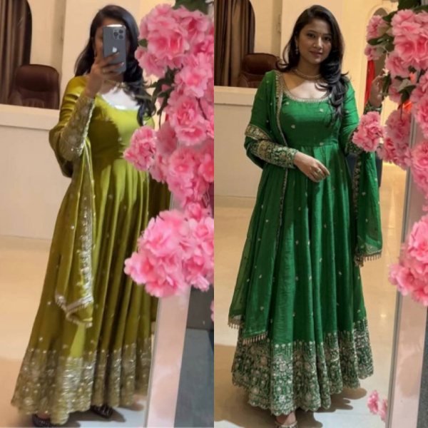 Practical Green Crunchy Silk Embroidered Gown Pant Set with Dupatta for Wedding Ready To Wear Collection