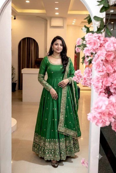Practical Green Crunchy Silk Embroidered Gown Pant Set with Dupatta for Wedding Ready To Wear Collection