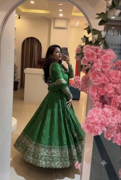 Practical Green Crunchy Silk Embroidered Gown Pant Set with Dupatta for Wedding Ready To Wear Collection