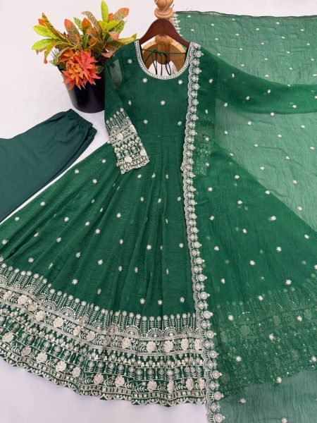 Practical Green Crunchy Silk Embroidered Gown Pant Set with Dupatta for Wedding Ready To Wear Collection