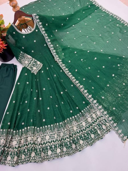 Practical Green Crunchy Silk Embroidered Gown Pant Set with Dupatta for Wedding Ready To Wear Collection