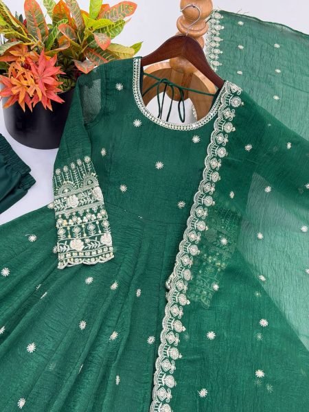 Practical Green Crunchy Silk Embroidered Gown Pant Set with Dupatta for Wedding Ready To Wear Collection