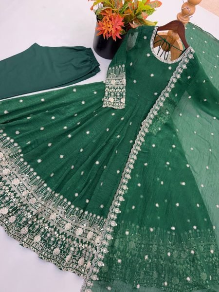 Practical Green Crunchy Silk Embroidered Gown Pant Set with Dupatta for Wedding Ready To Wear Collection