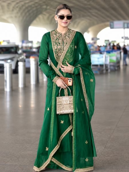 Practical Green Fandy Silk Embroidered Gown with Bottom and Dupatta at Wholesale Rate Ready To Wear Suit