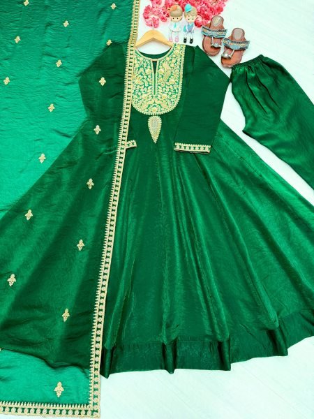 Practical Green Fandy Silk Embroidered Gown with Bottom and Dupatta at Wholesale Rate Ready To Wear Collection
