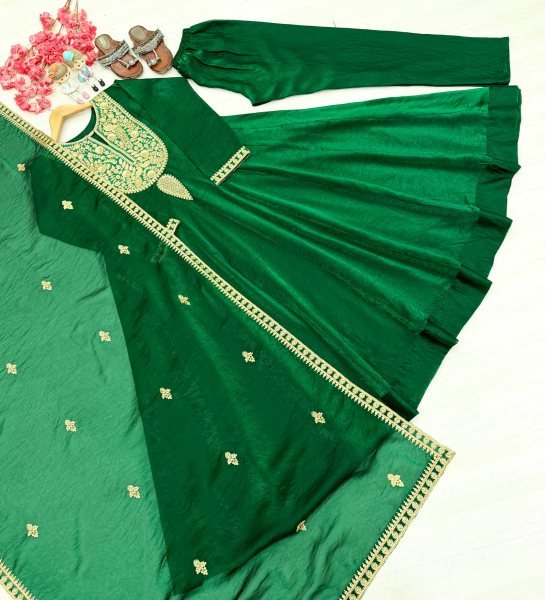 Practical Green Fandy Silk Embroidered Gown with Bottom and Dupatta at Wholesale Rate Ready To Wear Collection