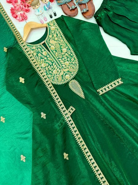 Practical Green Fandy Silk Embroidered Gown with Bottom and Dupatta at Wholesale Rate Ready To Wear Collection