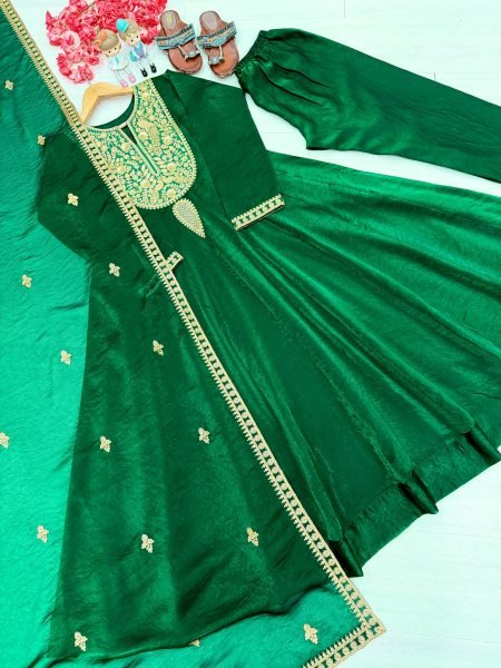Practical Green Fandy Silk Embroidered Gown with Bottom and Dupatta at Wholesale Rate Ready To Wear Collection