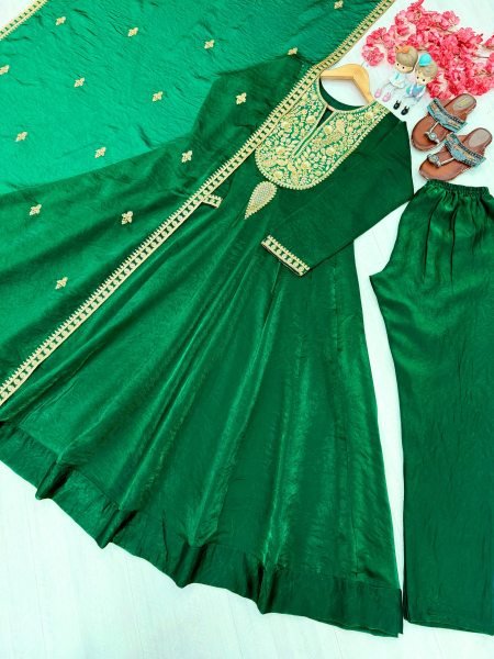 Practical Green Fandy Silk Embroidered Gown with Bottom and Dupatta at Wholesale Rate Ready To Wear Collection