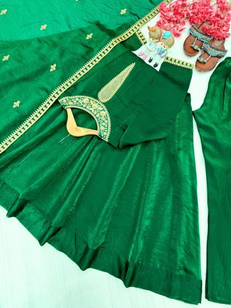 Practical Green Fandy Silk Embroidered Gown with Bottom and Dupatta at Wholesale Rate Ready To Wear Collection