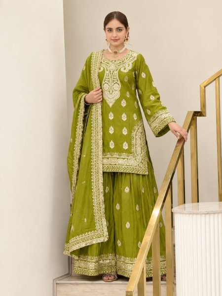 Practical Green Heavy Chinon Silk Embroidered Top Palazzo Dupatta Set at Wholesale Rate 