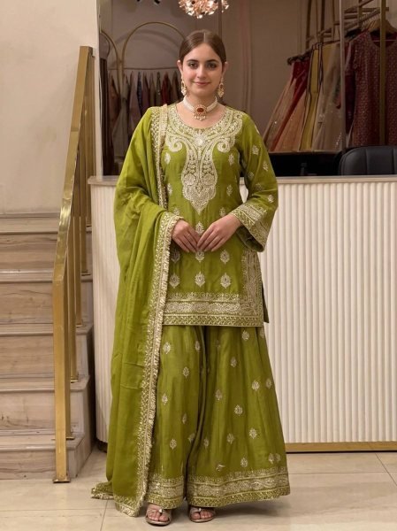 Practical Green Heavy Chinon Silk Embroidered Top Palazzo Dupatta Set at Wholesale Rate Ready To Wear Collection